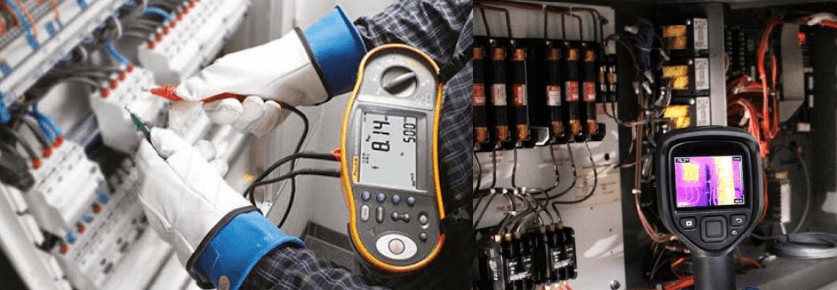 Endüstriyel bir elektrik panosu önünde, elinde termal kamera veya multimetre bulunan, tam donanımlı (KKD'li) bir elektrik mühendisinin ölçüm yaparken çekilmiş yakın plan fotoğrafı.